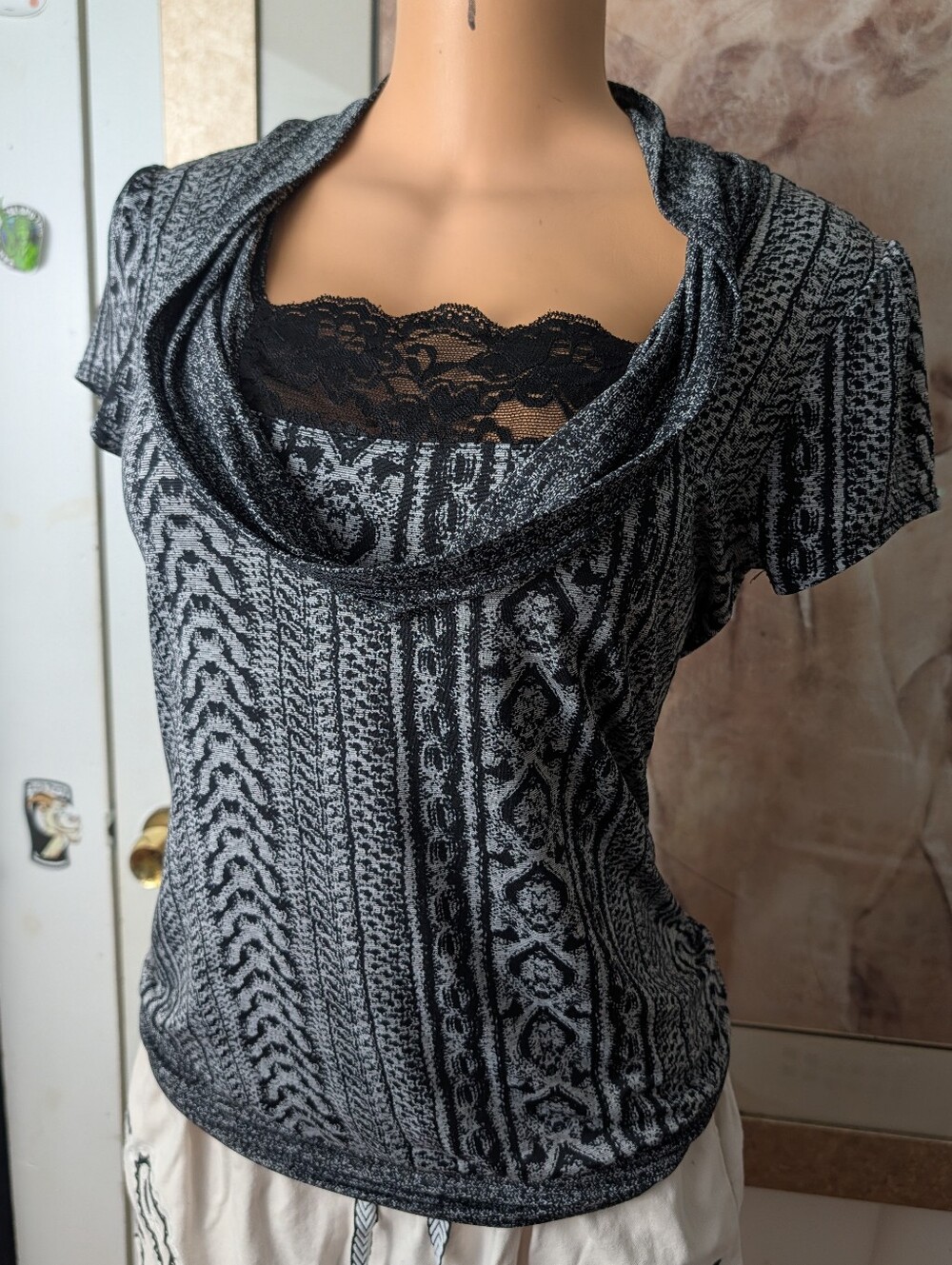 BCX Y2K Draped Cowl Neck Layered Lace Top Whimsigoth Knit Blouse Size S